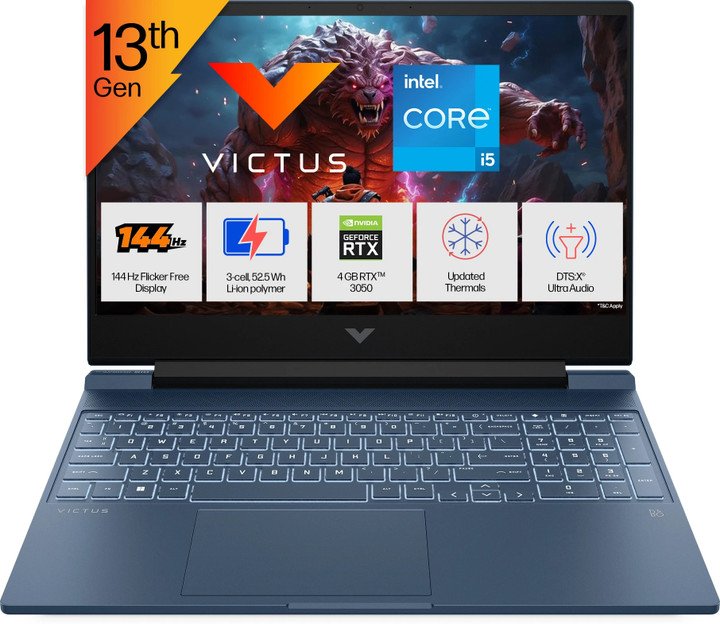 2026/05/504573.jpg HP Victus Laptop Intel Core i5 13th Gen 13420H - (16 GB/512 GB SSD/Windows 11 Home/4 GB Graphics/NVIDIA GeForce RTX 3050 A) 15-fa2191TX Gaming Laptop (15.6 Inch, Performance blue, chrome logo, 2.29 Kg, With MS Office) With Bag. - Image 1